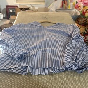 Banana Republic Blue & White Striped V-Neck Blouse